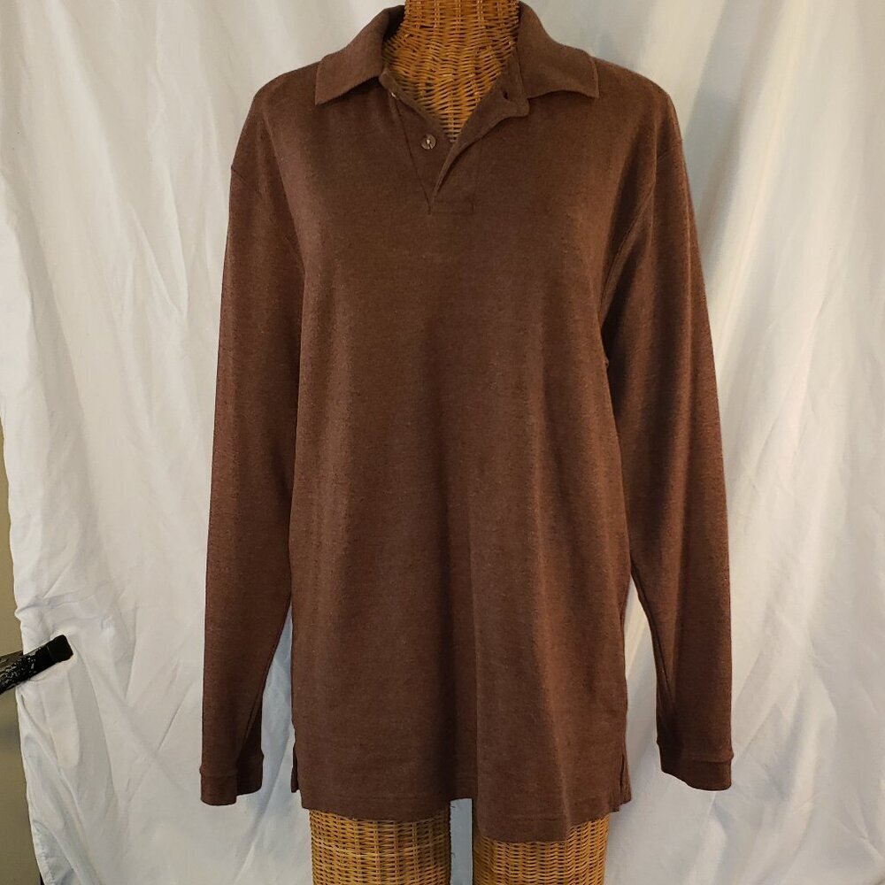 R&R Casuals men's long sleeve brown collared polo shirt - M